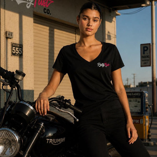 PrettyFastCo Original V-Neck Tee In Black With Pink Logo
