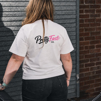 PrettyFastCo Original Tee In White With Pink Logo