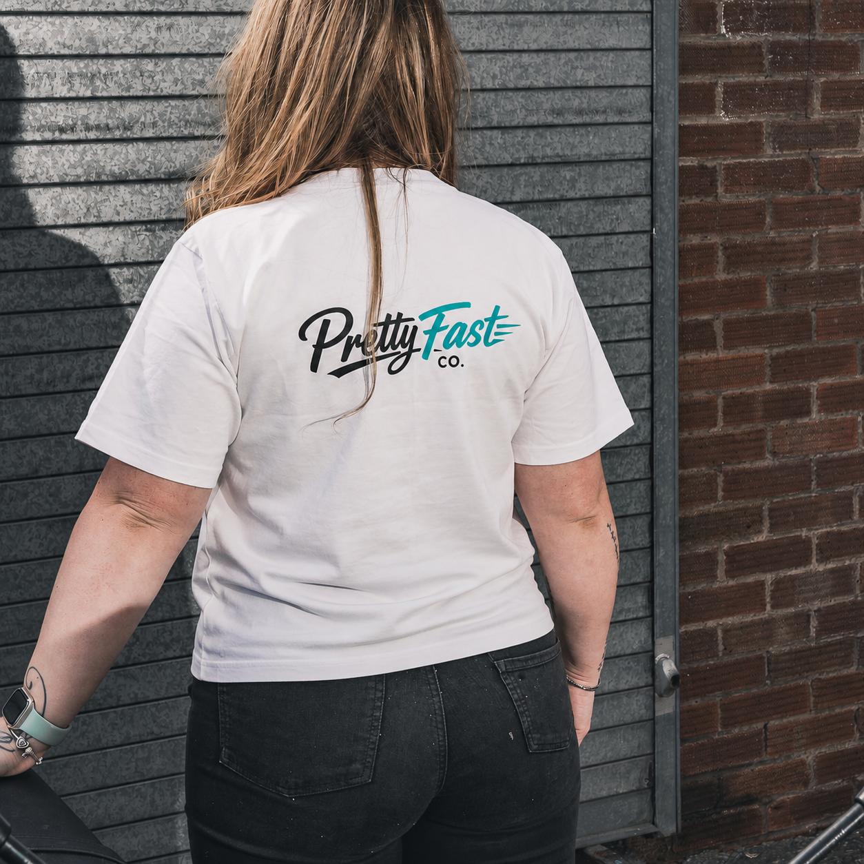 PrettyFastCo Original Tee In White With Turquoise Logo
