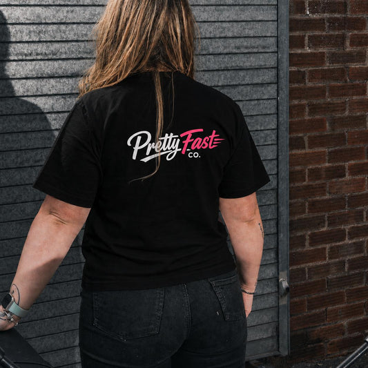 PrettyFastCo Original Tee In Black With Pink Logo