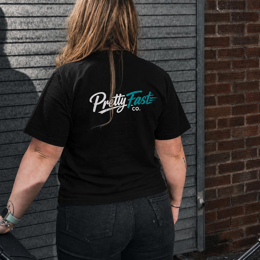 PrettyFastCo Original Tee In Black With Turquoise Logo