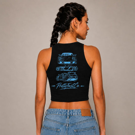 PrettyFastCo Blue Velocity Fitted High Neck Cropped Vest In Black