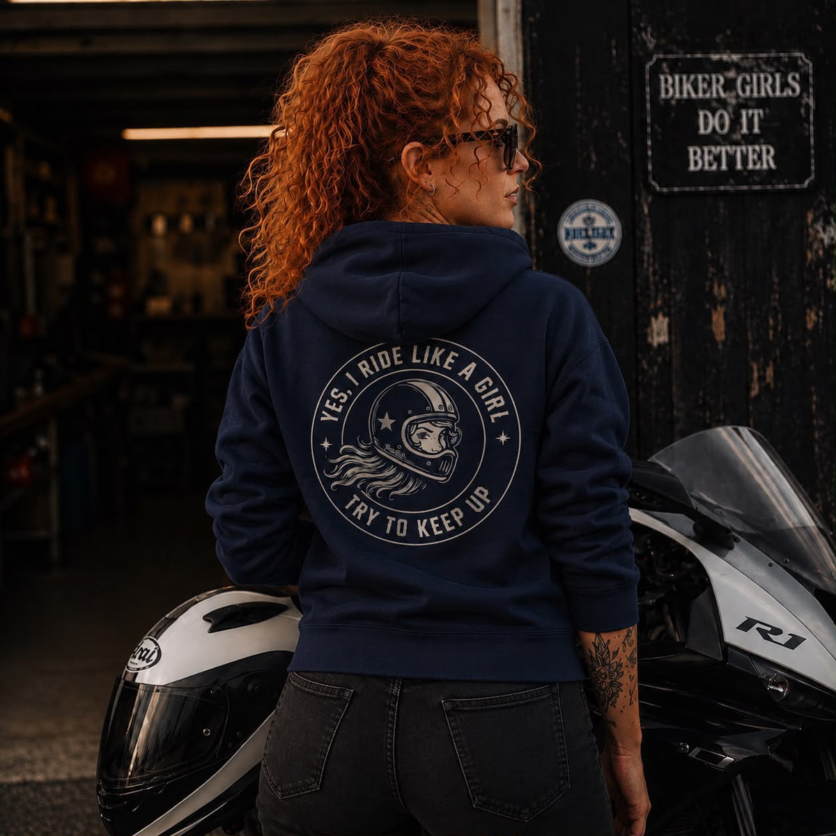 Pretty Fast Co Yes I Ride Like A Girl Hoodie In Navy With Sand Logo