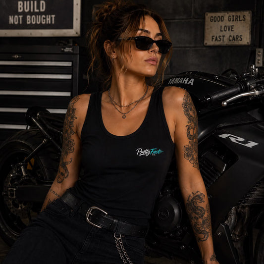 PrettyFastCo Original Vest In Black With Turquoise Logo