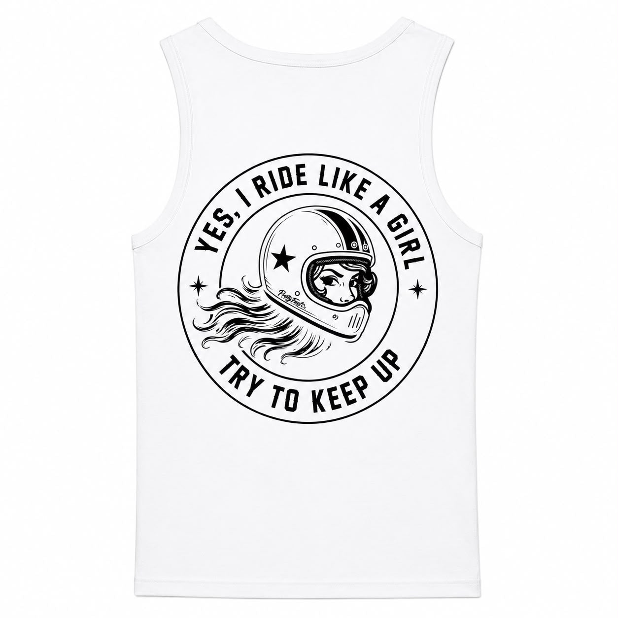 PrettyFastCo I Ride Like A Girl Vest In White With Black Logo