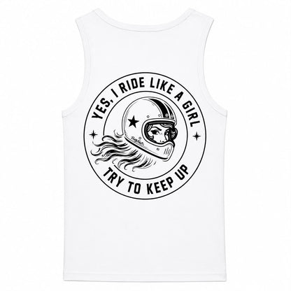 PrettyFastCo I Ride Like A Girl Vest In White With Black Logo