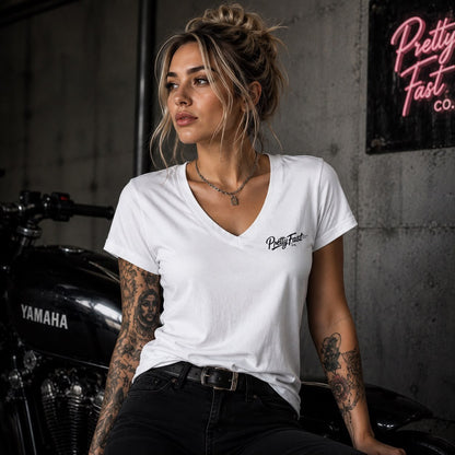 PrettyFastCo I Ride Like A Girl V Neck In White With Black Logo