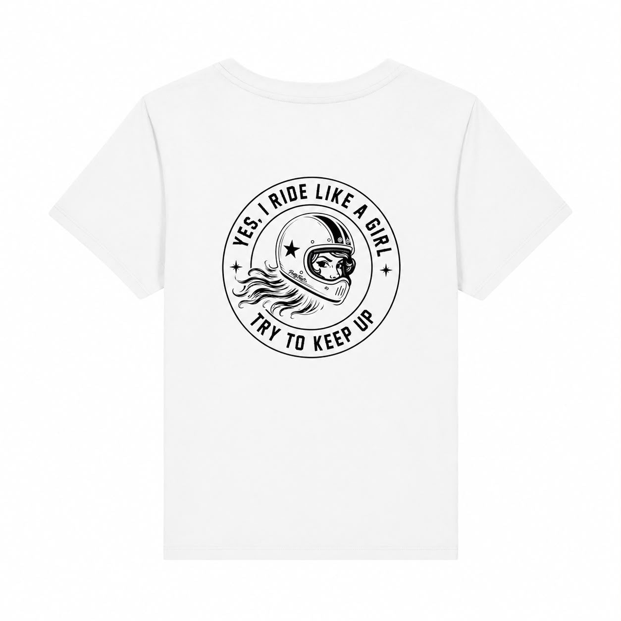 PrettyFastCo I Ride Like A Girl V Neck In White With Black Logo