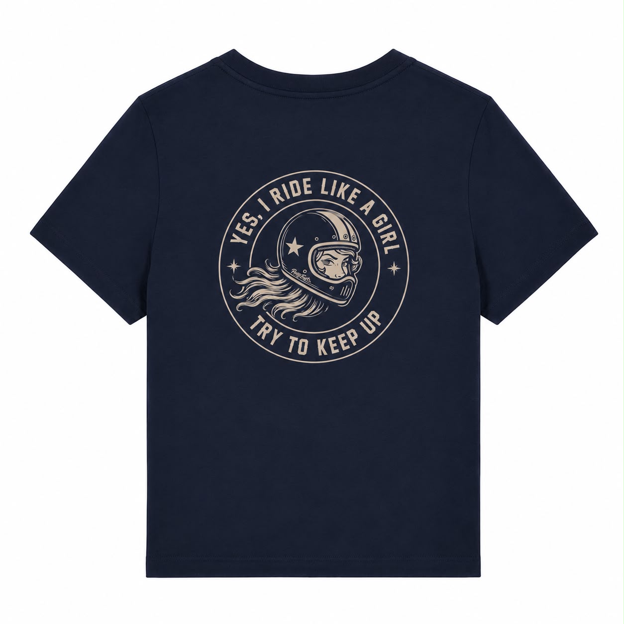 PrettyFastCo I Ride Like A Girl V Neck In Navy With Sand Logo
