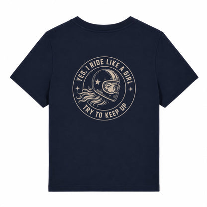 PrettyFastCo I Ride Like A Girl V Neck In Navy With Sand Logo