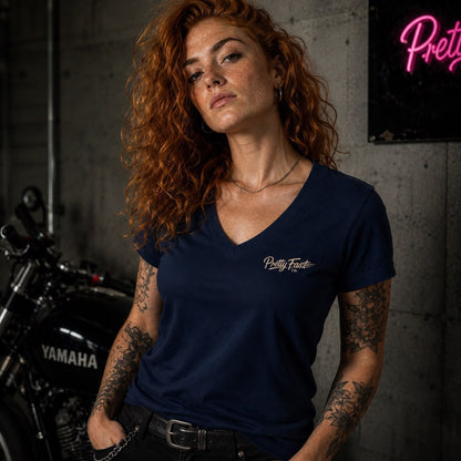 PrettyFastCo I Ride Like A Girl V Neck In Navy With Sand Logo
