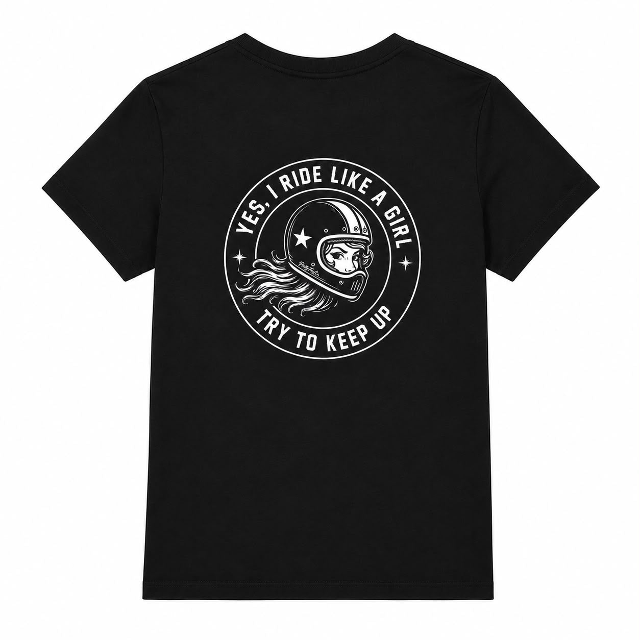 PrettyFastCo I Ride Like A Girl V Neck In Black With White Logo