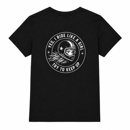 PrettyFastCo I Ride Like A Girl V Neck In Black With White Logo