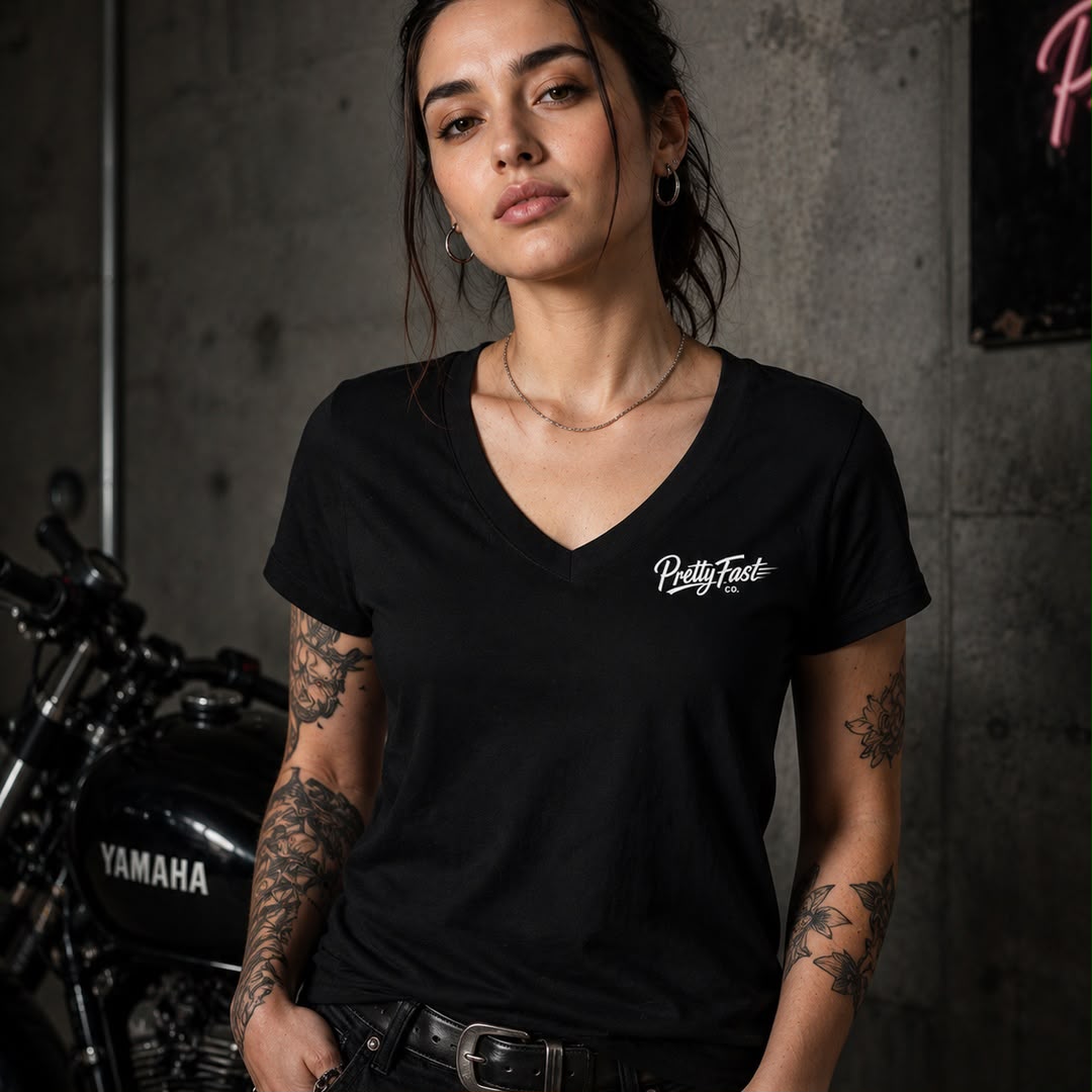 PrettyFastCo I Ride Like A Girl V Neck In Black With White Logo