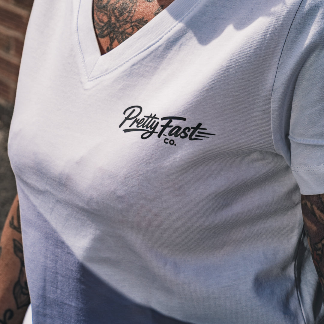 PrettyFastCo I Ride Like A Girl V Neck In White With Black Logo