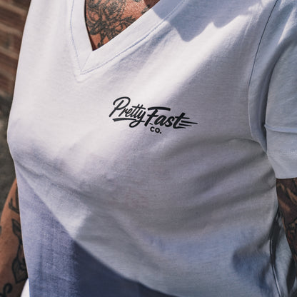 PrettyFastCo I Ride Like A Girl V Neck In White With Black Logo