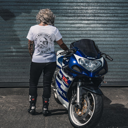 PrettyFastCo I Ride Like A Girl V Neck In White With Black Logo
