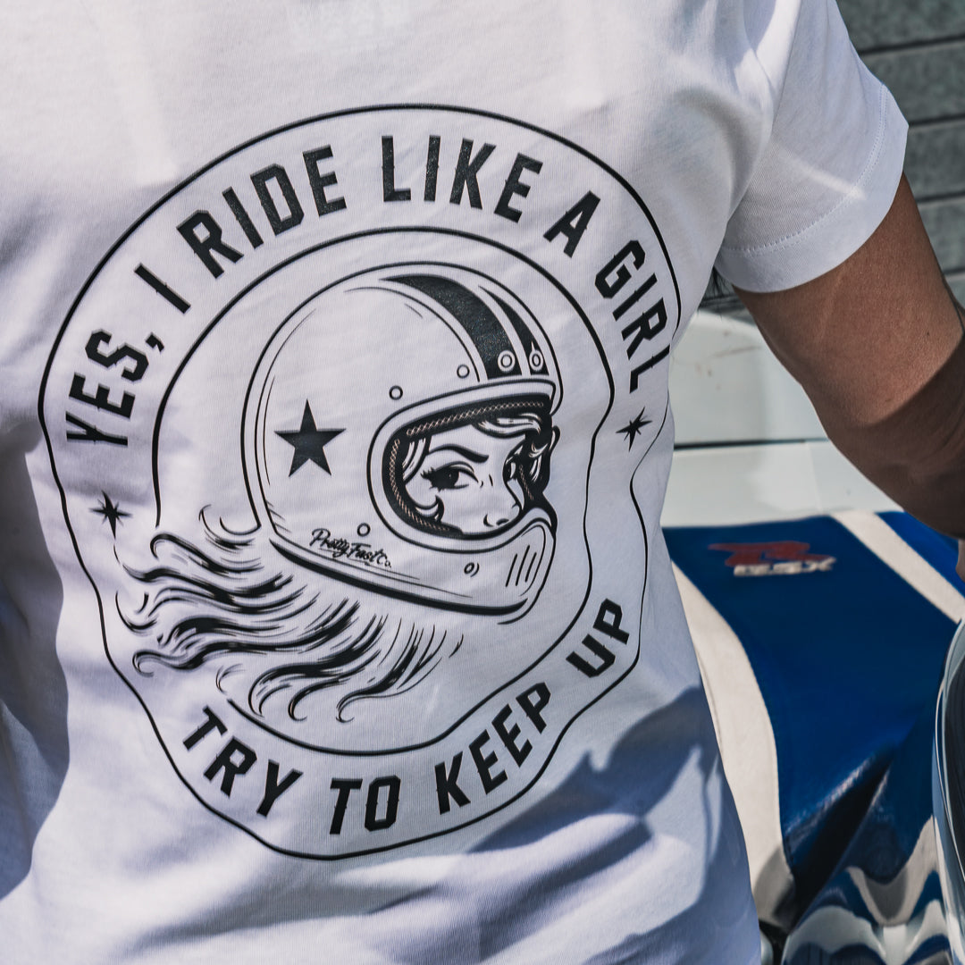 PrettyFastCo I Ride Like A Girl V Neck In White With Black Logo