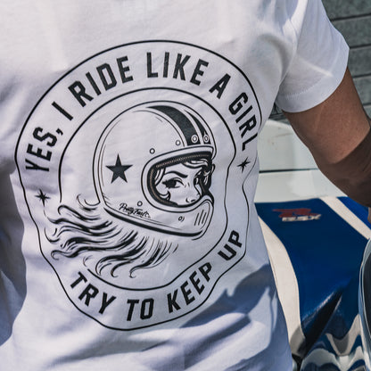 PrettyFastCo I Ride Like A Girl V Neck In White With Black Logo