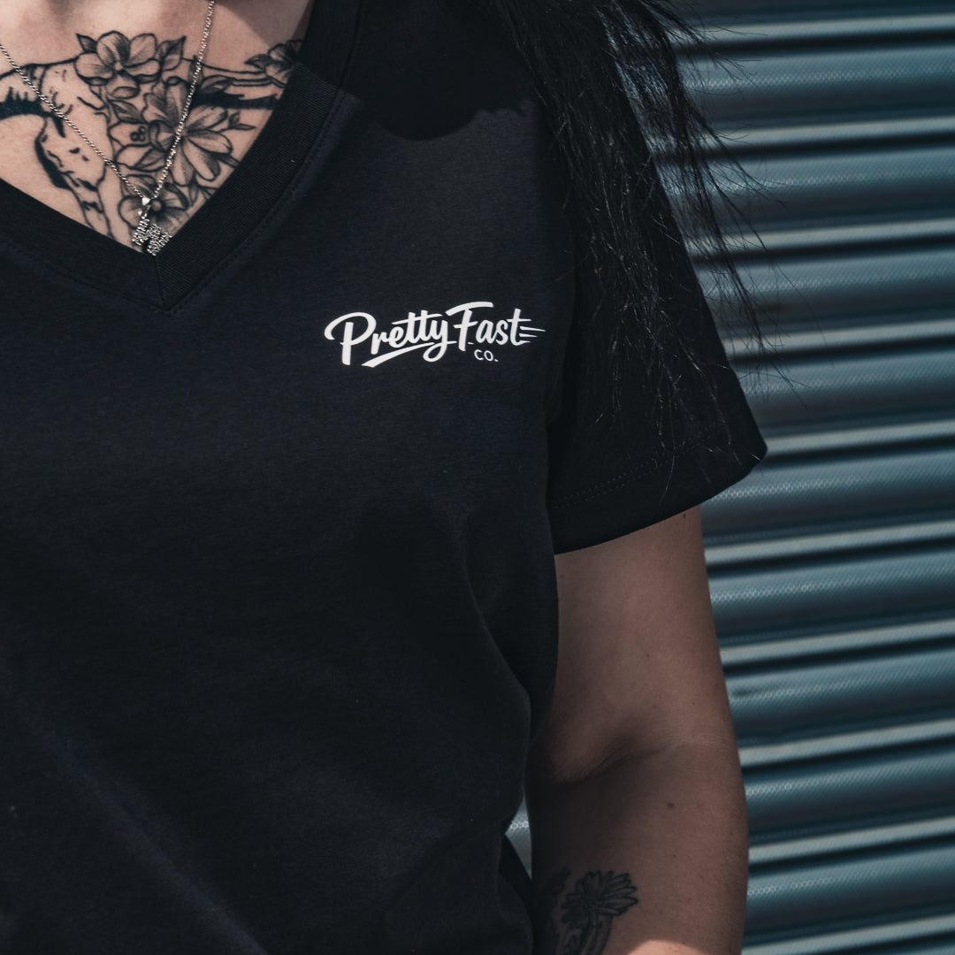 PrettyFastCo I Ride Like A Girl V Neck In Black With White Logo