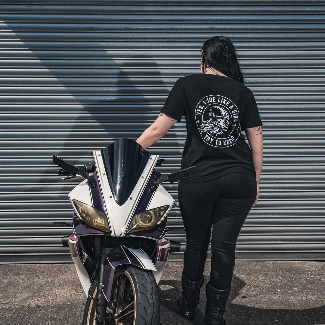 PrettyFastCo I Ride Like A Girl V Neck In Black With White Logo