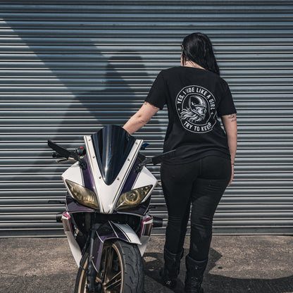 PrettyFastCo I Ride Like A Girl V Neck In Black With White Logo