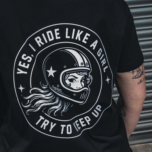 PrettyFastCo I Ride Like A Girl V Neck In Black With White Logo