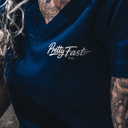 PrettyFastCo I Ride Like A Girl V Neck In Navy With Sand Logo