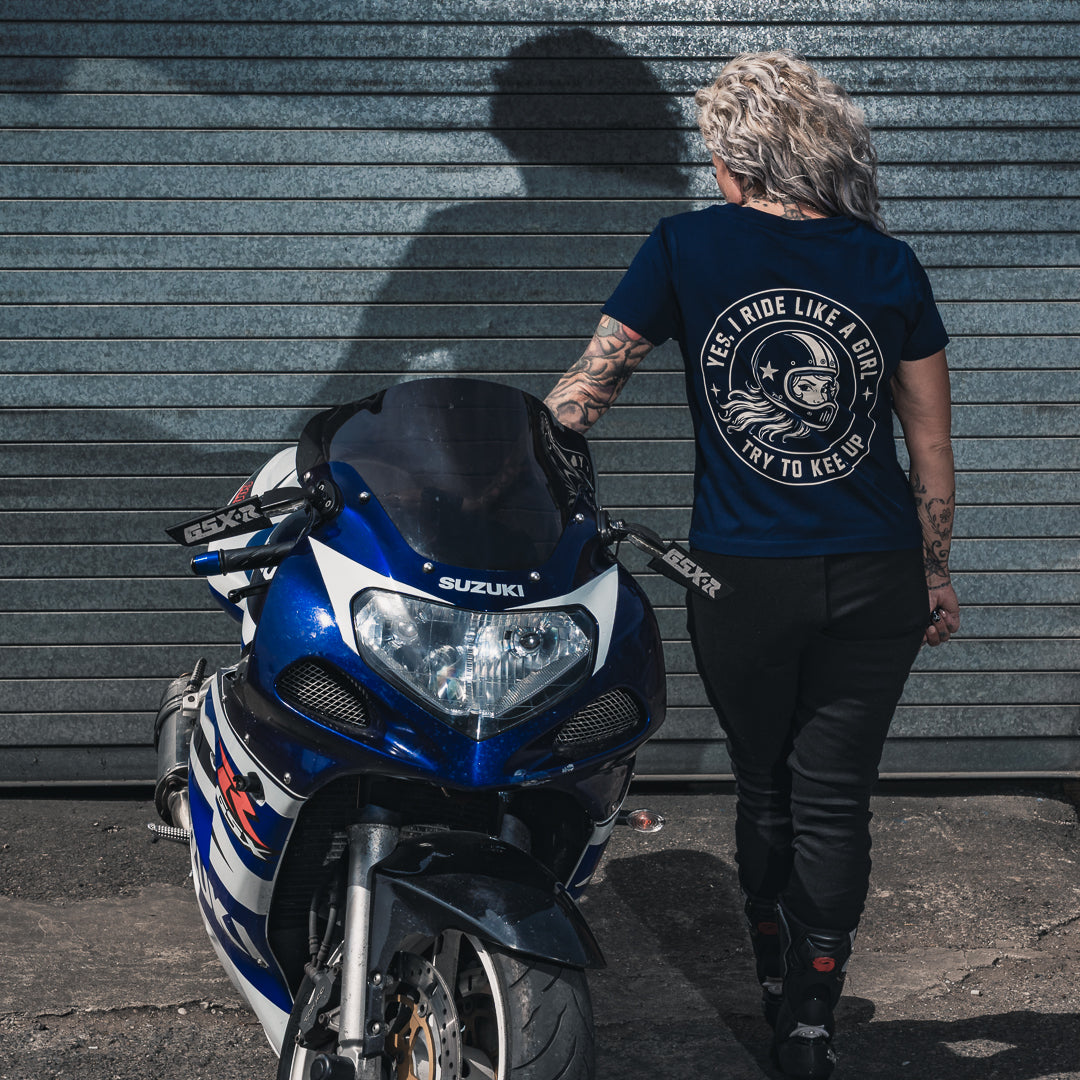 PrettyFastCo I Ride Like A Girl V Neck In Navy With Sand Logo