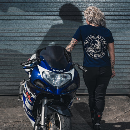 PrettyFastCo I Ride Like A Girl V Neck In Navy With Sand Logo