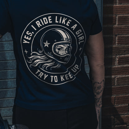 PrettyFastCo I Ride Like A Girl V Neck In Navy With Sand Logo