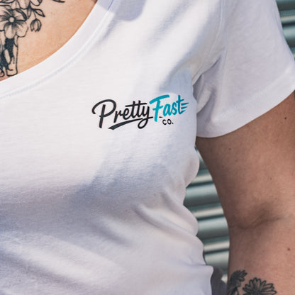 PrettyFastCo Original V-Neck Tee In White With Turquoise Logo