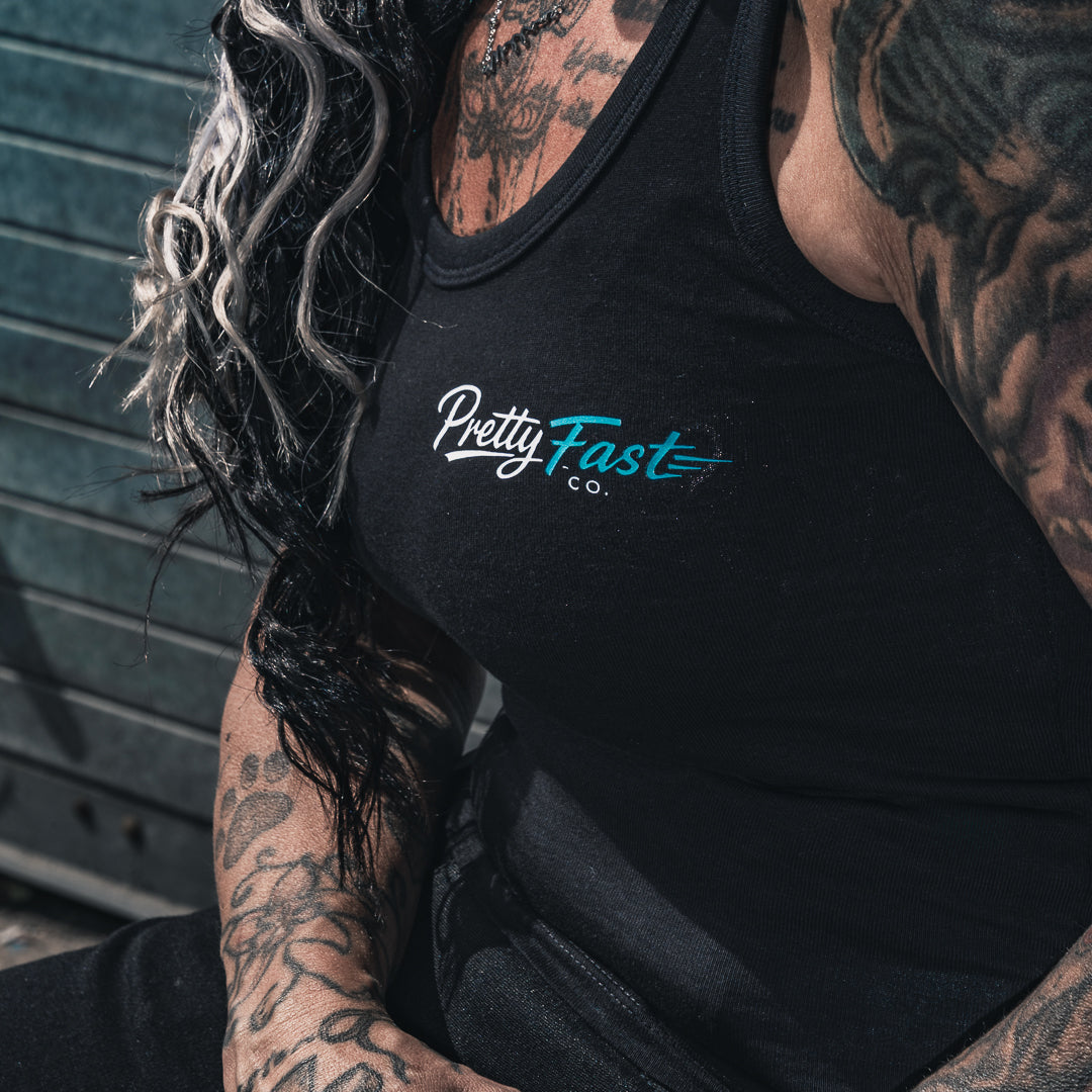 PrettyFastCo Original Vest In Black With Turquoise Logo