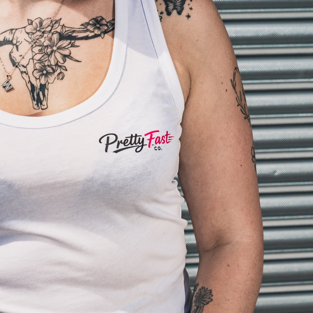 PrettyFastCo Original Vest In White With Pink Logo