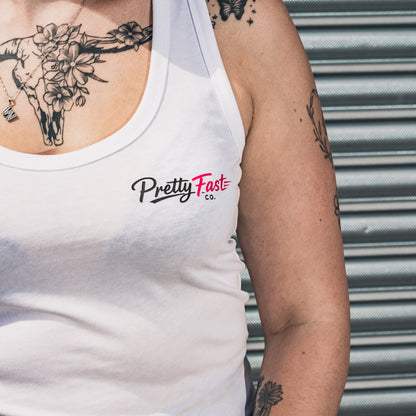 PrettyFastCo Original Vest In White With Pink Logo